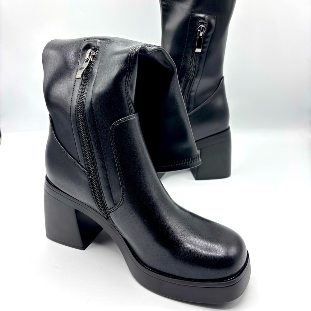 Black Leather Knee High Boots for Women Platform Chunky Block Heeled Boo…